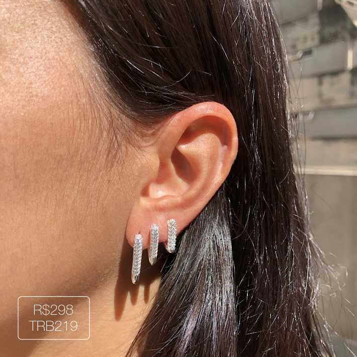 Trio Argola Triangular Cravejada Cristal Prateada